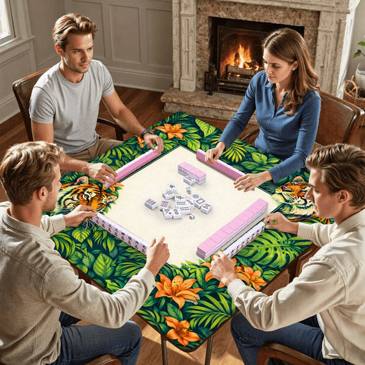 Verdant Bengal mahjong mat with players sitting around table during mahjong game