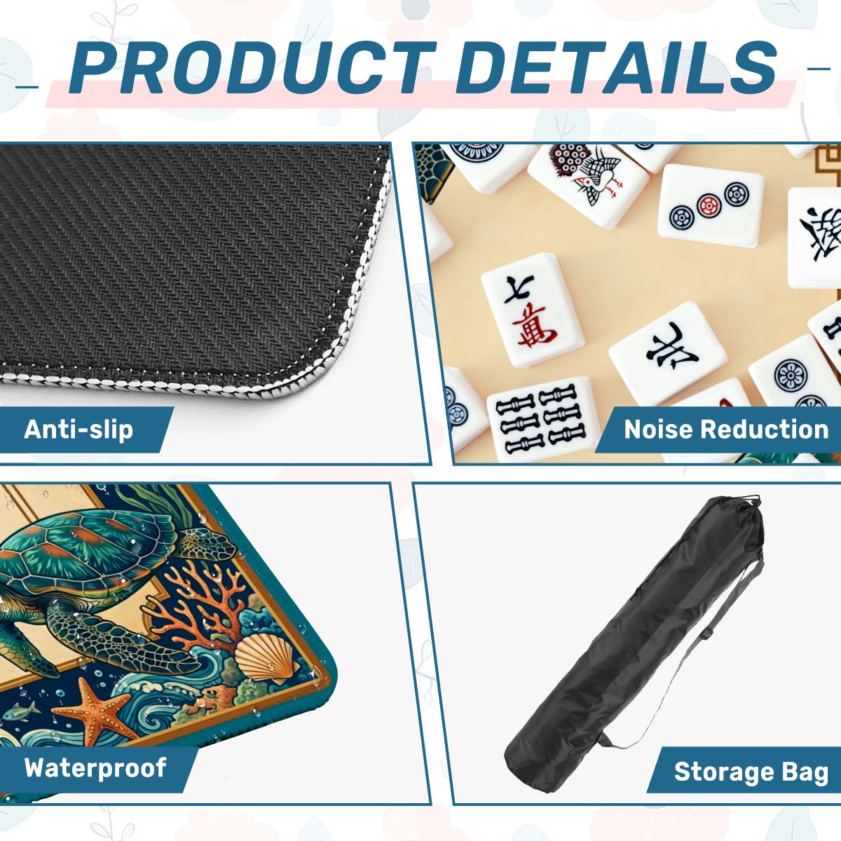Indigo Reef mahjong mat product details showing anti slip base fabric surface and storage bag