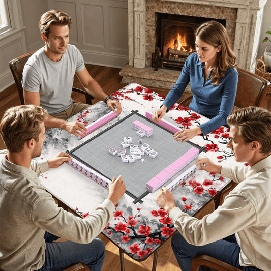 Scarlet Sakura mahjong mat with players sitting around table during mahjong game