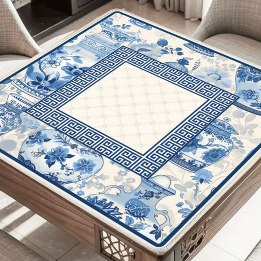 Blue Porcelain Estate mahjong mat on table with blue and white chinoiserie floral design
