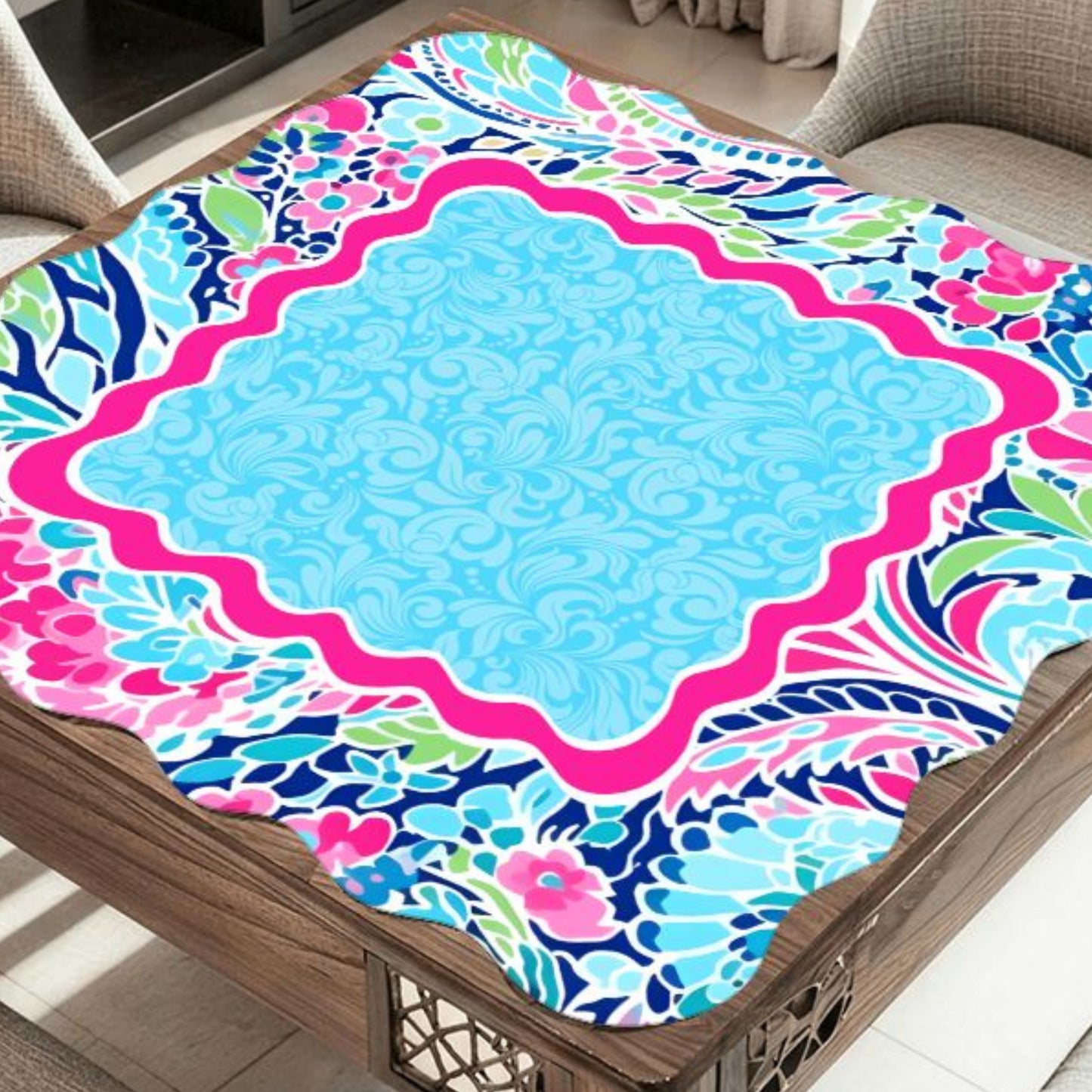 Electric Bloom floral mahjong mat on table with bold colorful tropical flowers