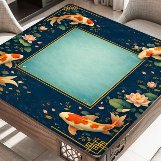 Imperial Koi Pond mahjong mat on table with koi fish lotus flowers and pond design