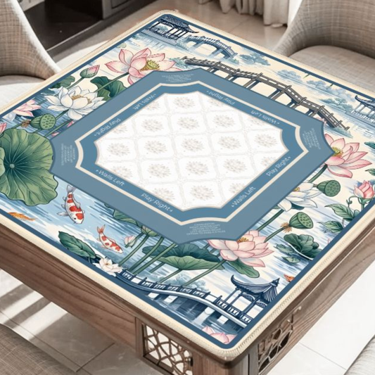 Lotus Pavilion Garden mahjong mat on table with lotus flowers bridges and Asian garden landscape