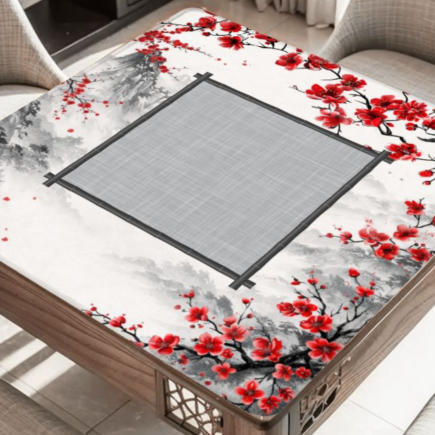Scarlet Sakura mahjong mat on table with pink cherry blossoms and floral border