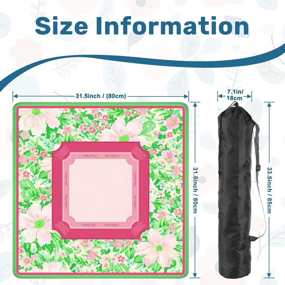 Palm Beach Blossom mahjong mat size guide and carrying bag dimensions