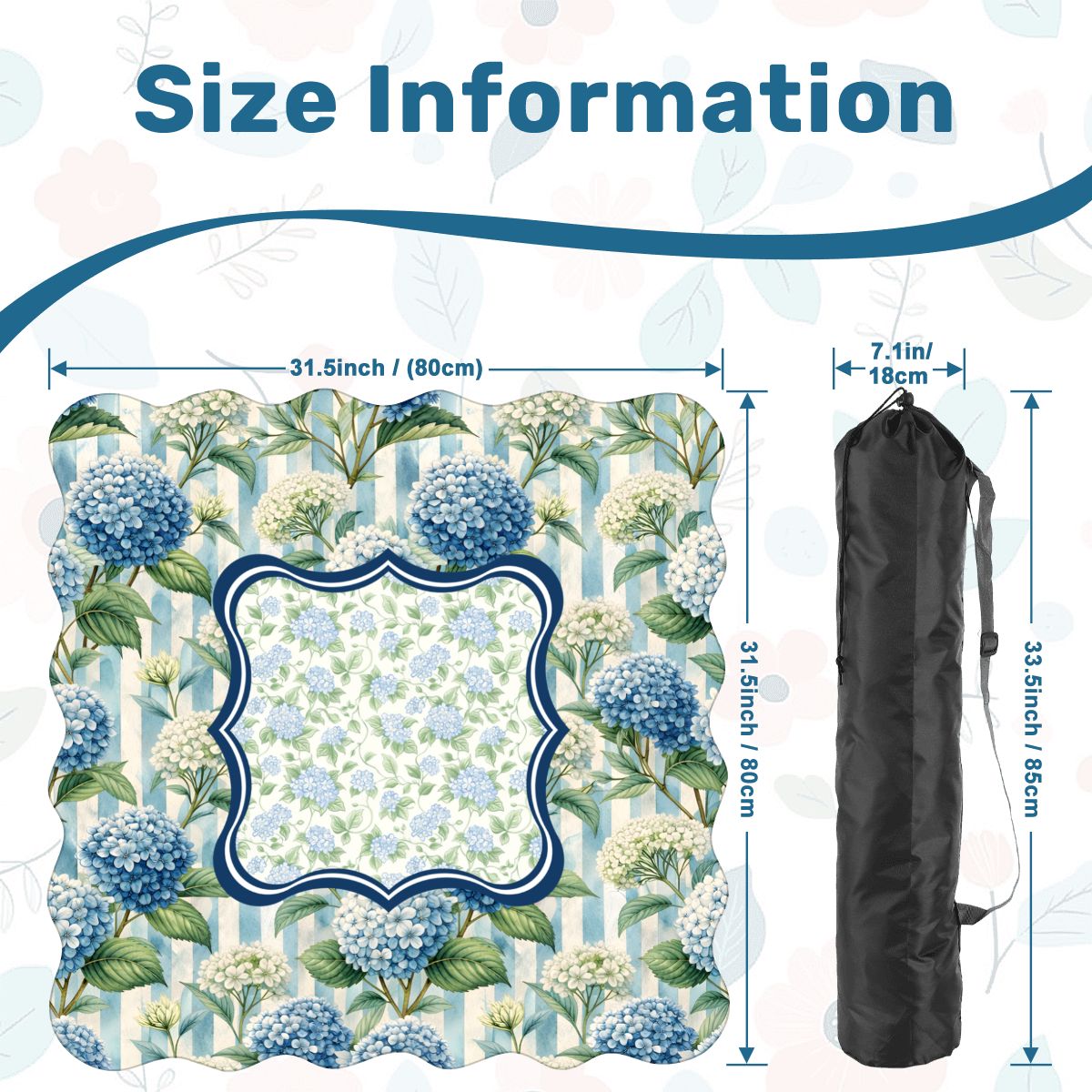 Blue Hydrangea Terrace mahjong mat size guide and carrying bag dimensions