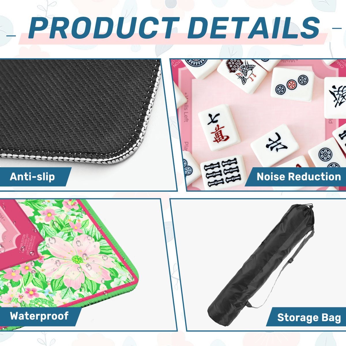 Palm Beach Blossom mahjong mat product details showing anti slip base, soft surface and storage bag