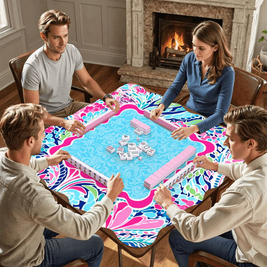 Electric Bloom mahjong mat with players sitting around table during mahjong game