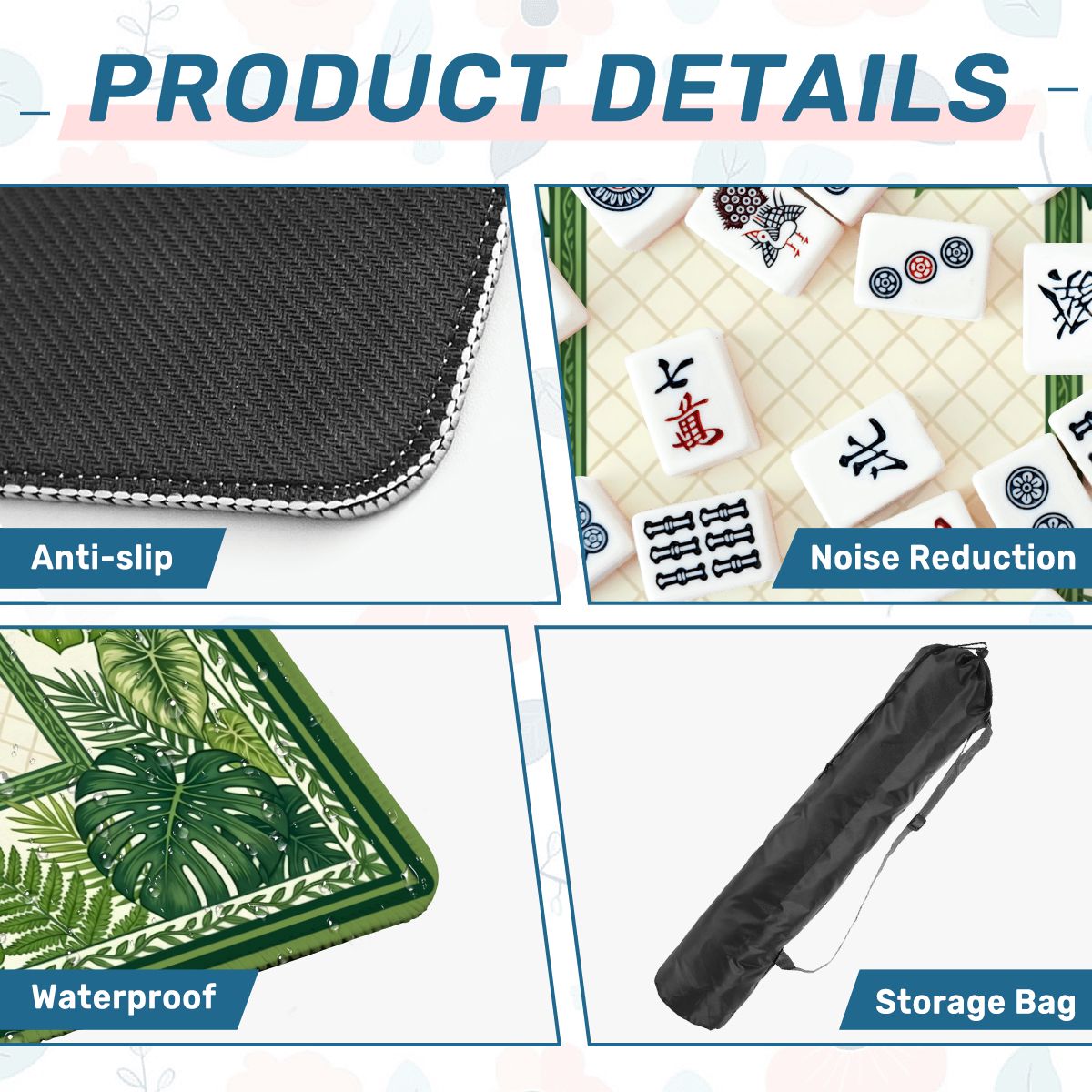 Palm Garden mahjong mat product details showing anti slip base microfiber surface and storage bag