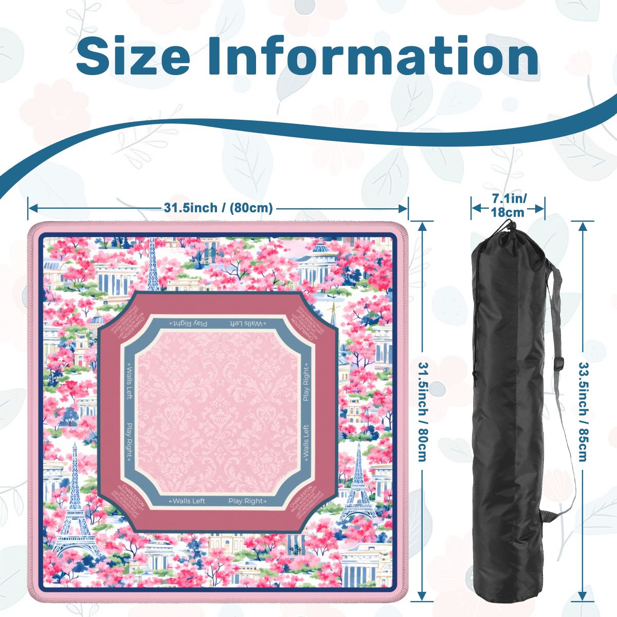Paris Conservatory mahjong mat size guide and carrying bag dimensions
