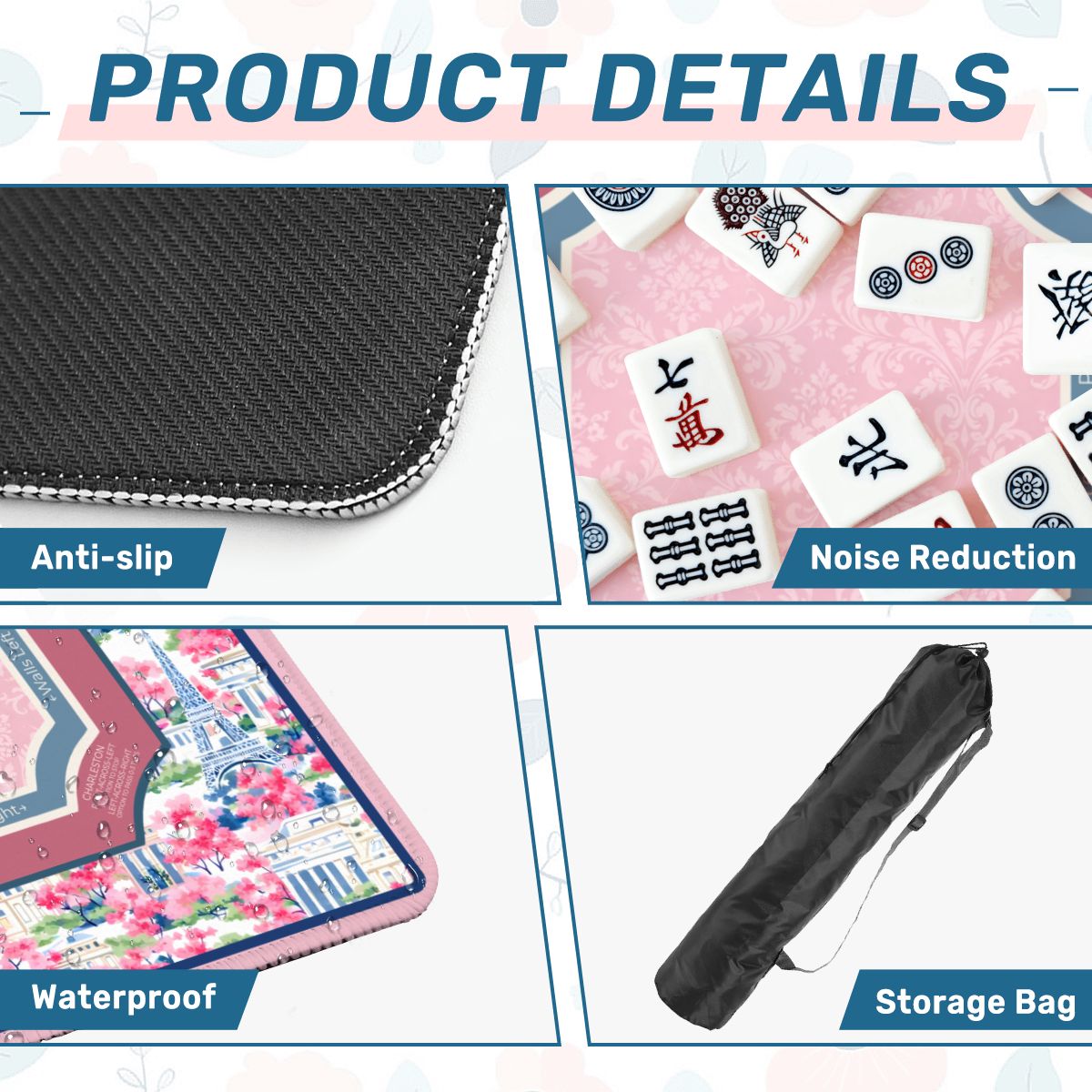 Paris Conservatory mahjong mat product details showing anti slip base fabric surface and storage bag