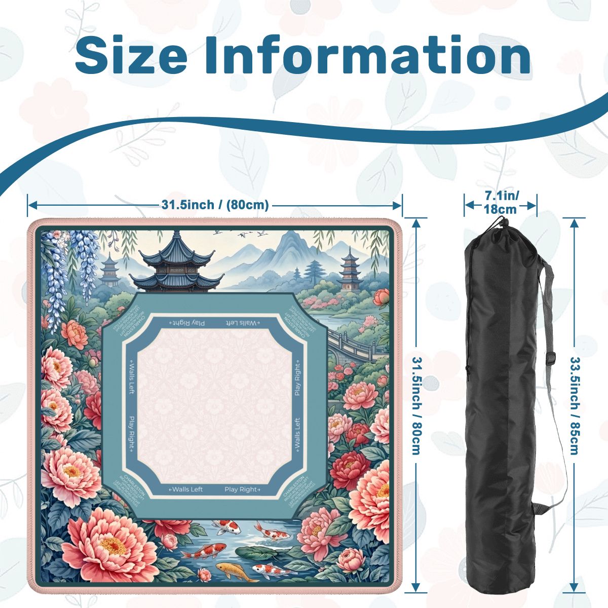 Peony Pagoda Garden mahjong mat size guide and carrying bag dimensions
