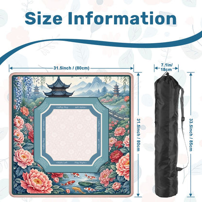 Peony Pagoda Garden mahjong mat size guide and carrying bag dimensions