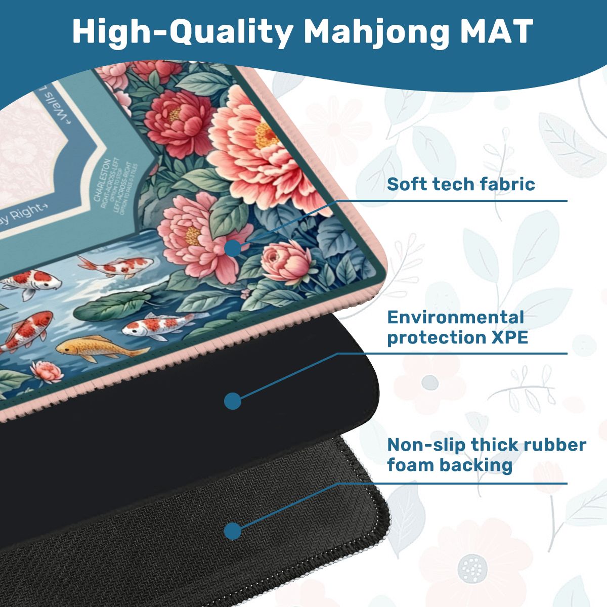 Peony Pagoda Garden neoprene mahjong mat soft surface and non slip backing detail