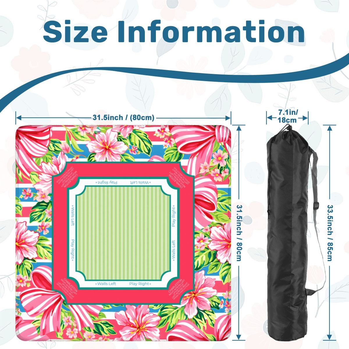 Hibiscus Ribbon mahjong mat size guide and carrying bag dimensions