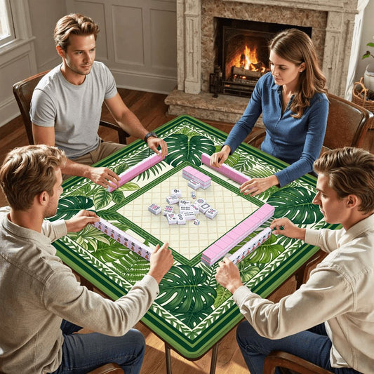 Palm Garden mahjong mat with players sitting around table during mahjong game