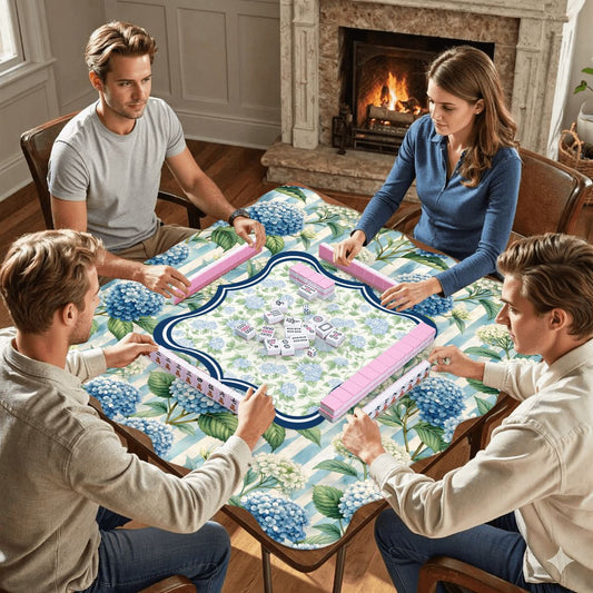 Blue Hydrangea Terrace mahjong mat with players sitting around table during mahjong game