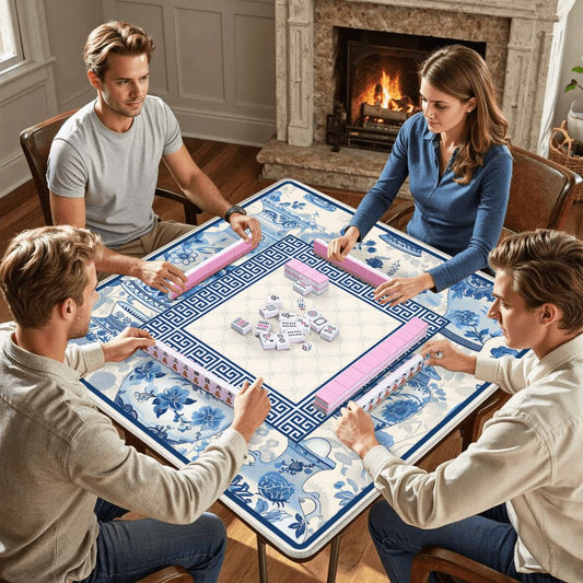 Blue Porcelain Estate mahjong mat with players sitting around table during mahjong game