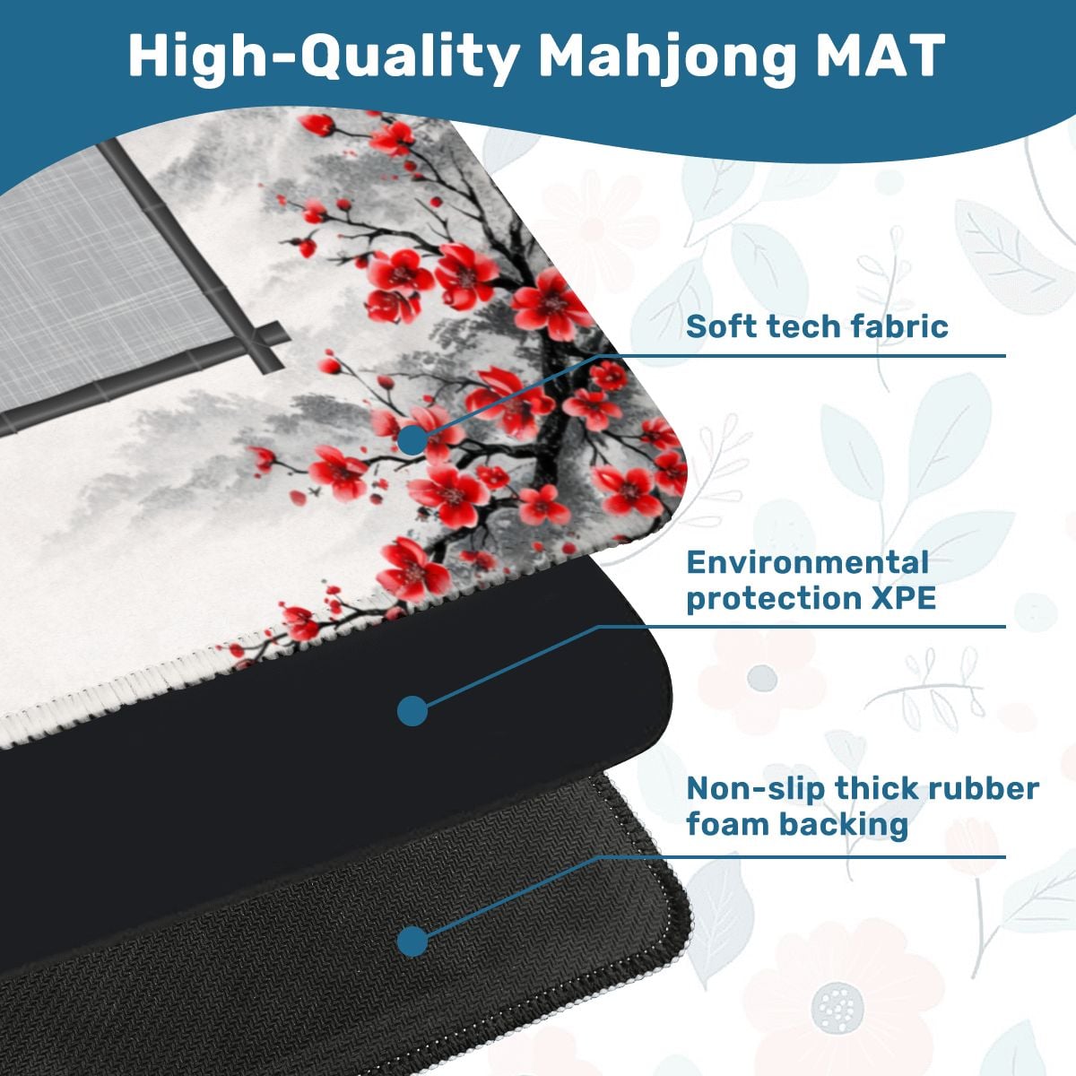 Scarlet Sakura neoprene mahjong mat soft surface and non slip backing detail