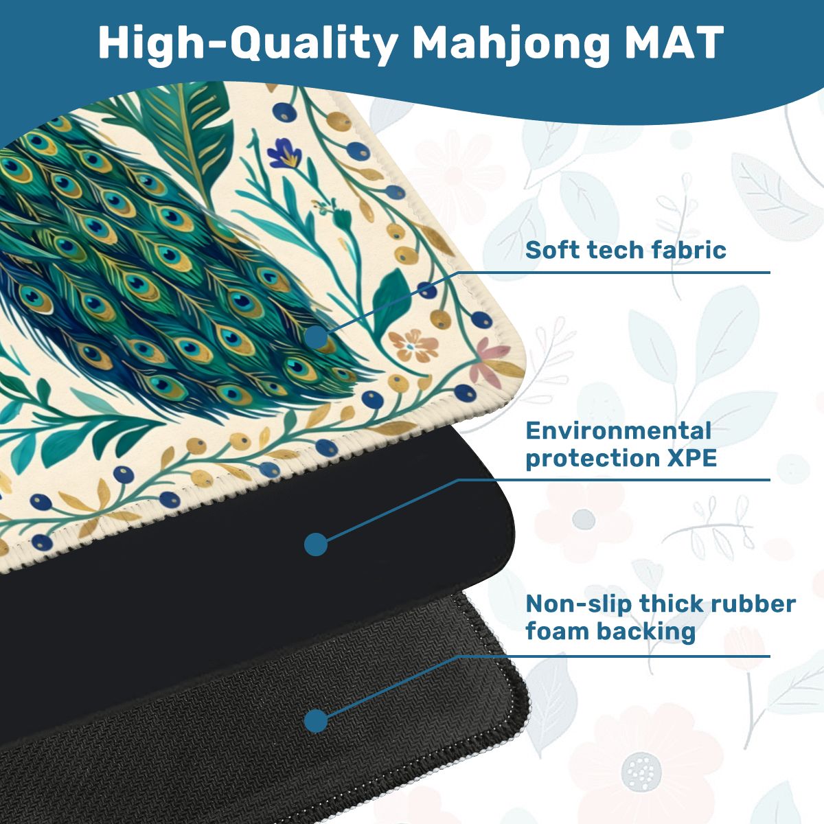 Peacock Lotus Garden neoprene mahjong mat soft surface and non slip backing detail
