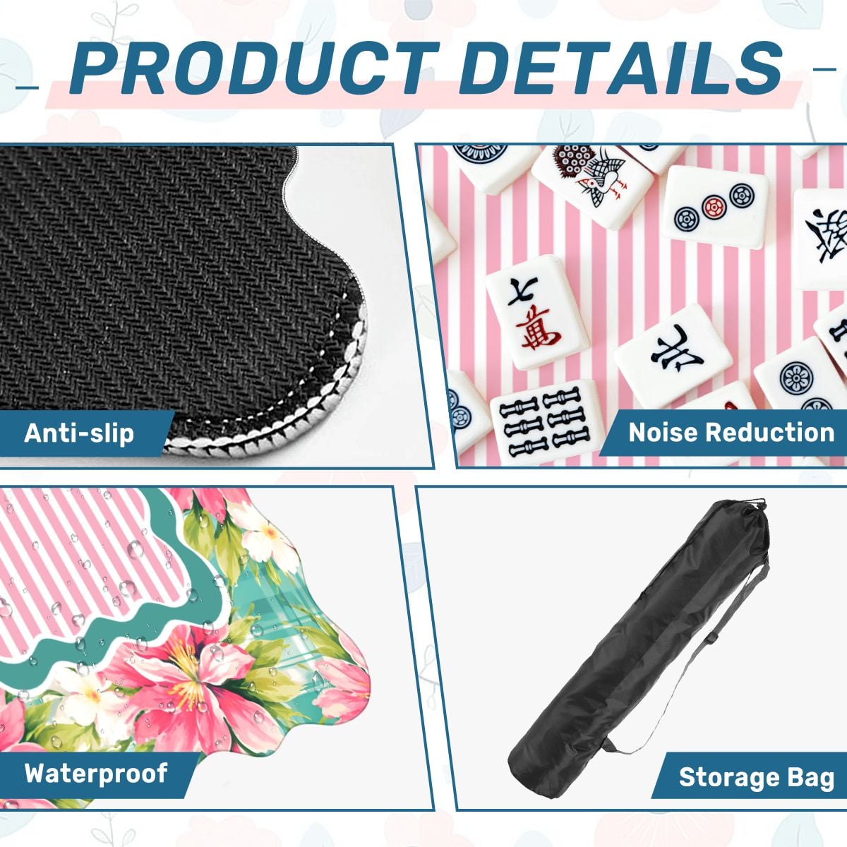 Coastal Hibiscus Plaid mahjong mat product details showing anti slip base, soft surface and storage bag