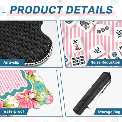 Coastal Hibiscus Plaid mahjong mat product details showing anti slip base, soft surface and storage bag