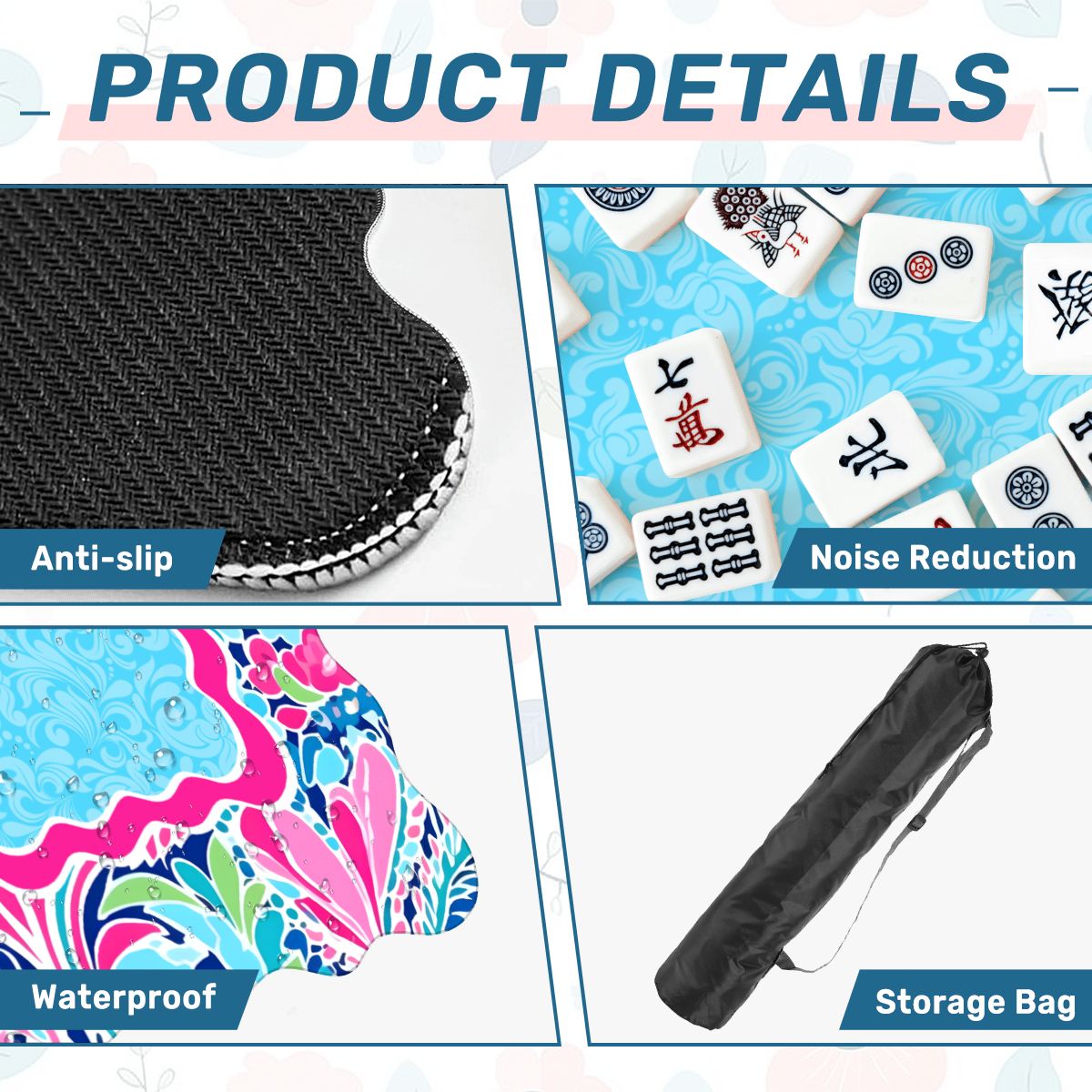 Electric Bloom mahjong mat product details showing anti slip base microfiber surface and storage bag