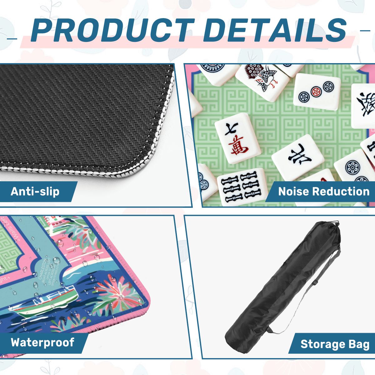 Indigo Marina mahjong mat product details showing anti slip base microfiber surface and storage bag
