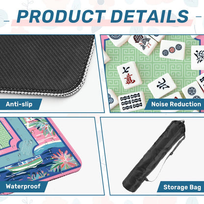 Indigo Marina mahjong mat product details showing anti slip base microfiber surface and storage bag