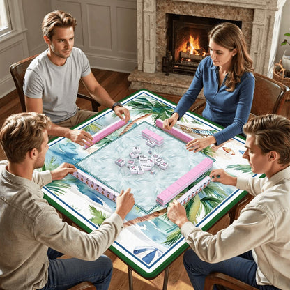 Palm Harbor Club mahjong mat with players sitting around table during mahjong game