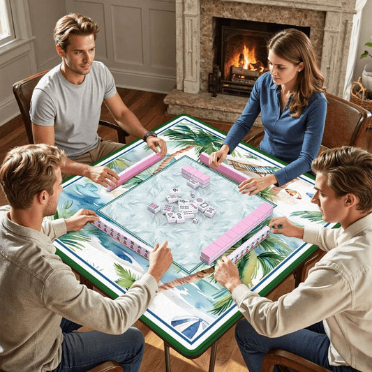 Palm Harbor Club mahjong mat with players sitting around table during mahjong game