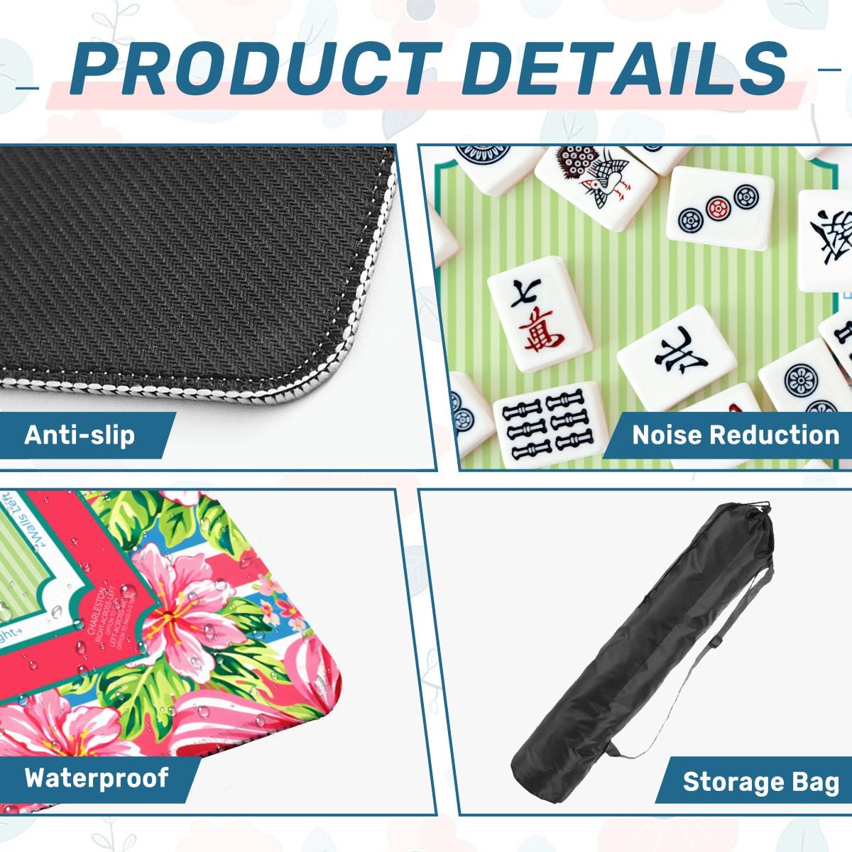 Hibiscus Ribbon mahjong mat product details showing anti slip base, soft surface and storage bag