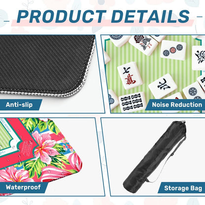 Hibiscus Ribbon mahjong mat product details showing anti slip base, soft surface and storage bag