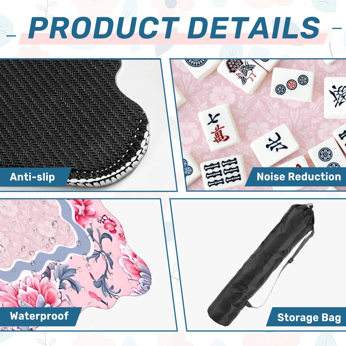 Blush Manor mahjong mat product details showing anti slip base microfiber surface and storage bag