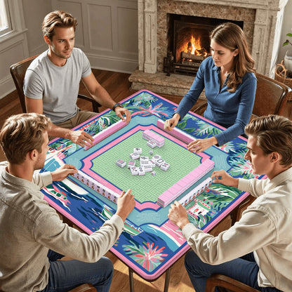 Indigo Marina mahjong mat with players sitting around table during mahjong game