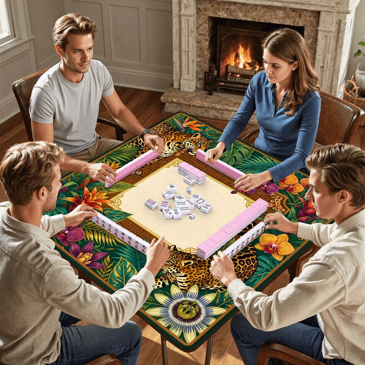 Jaguar Royale mahjong mat with players sitting around table during mahjong game