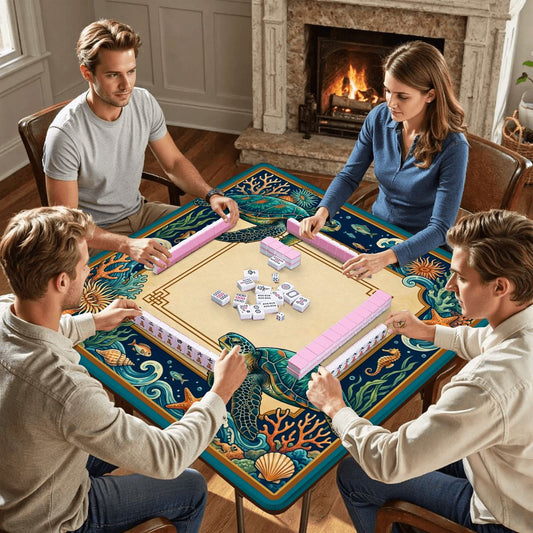 Indigo Reef mahjong mat with players sitting around table during mahjong game