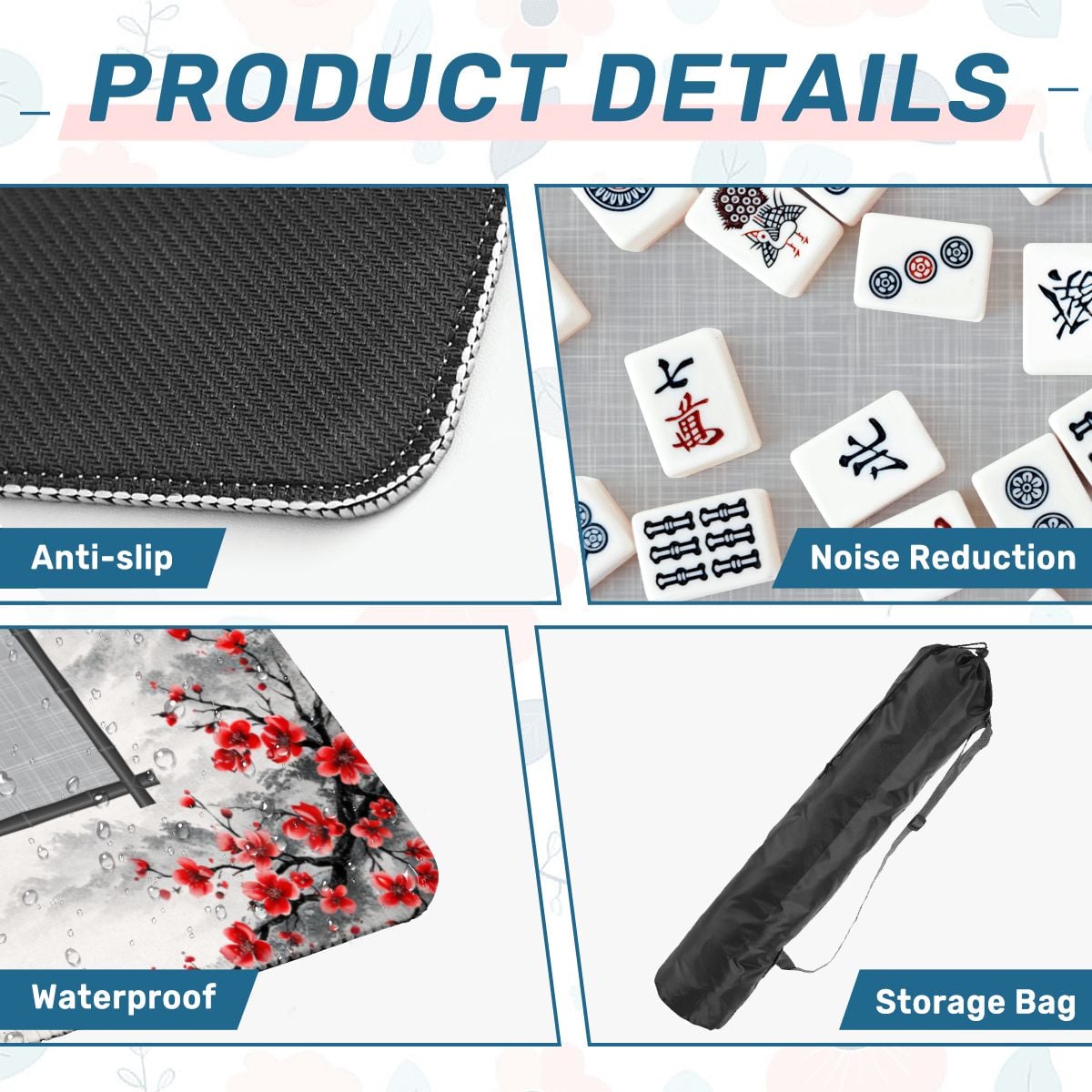 Scarlet Sakura mahjong mat product details showing anti slip base microfiber surface and storage bag