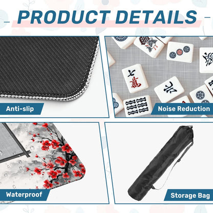 Scarlet Sakura mahjong mat product details showing anti slip base microfiber surface and storage bag