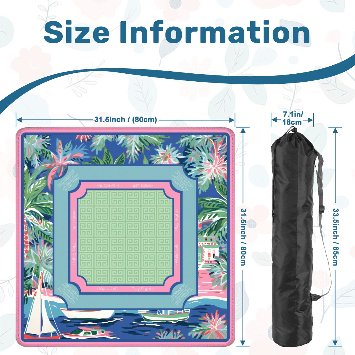 Indigo Marina mahjong mat size guide and carrying bag dimensions