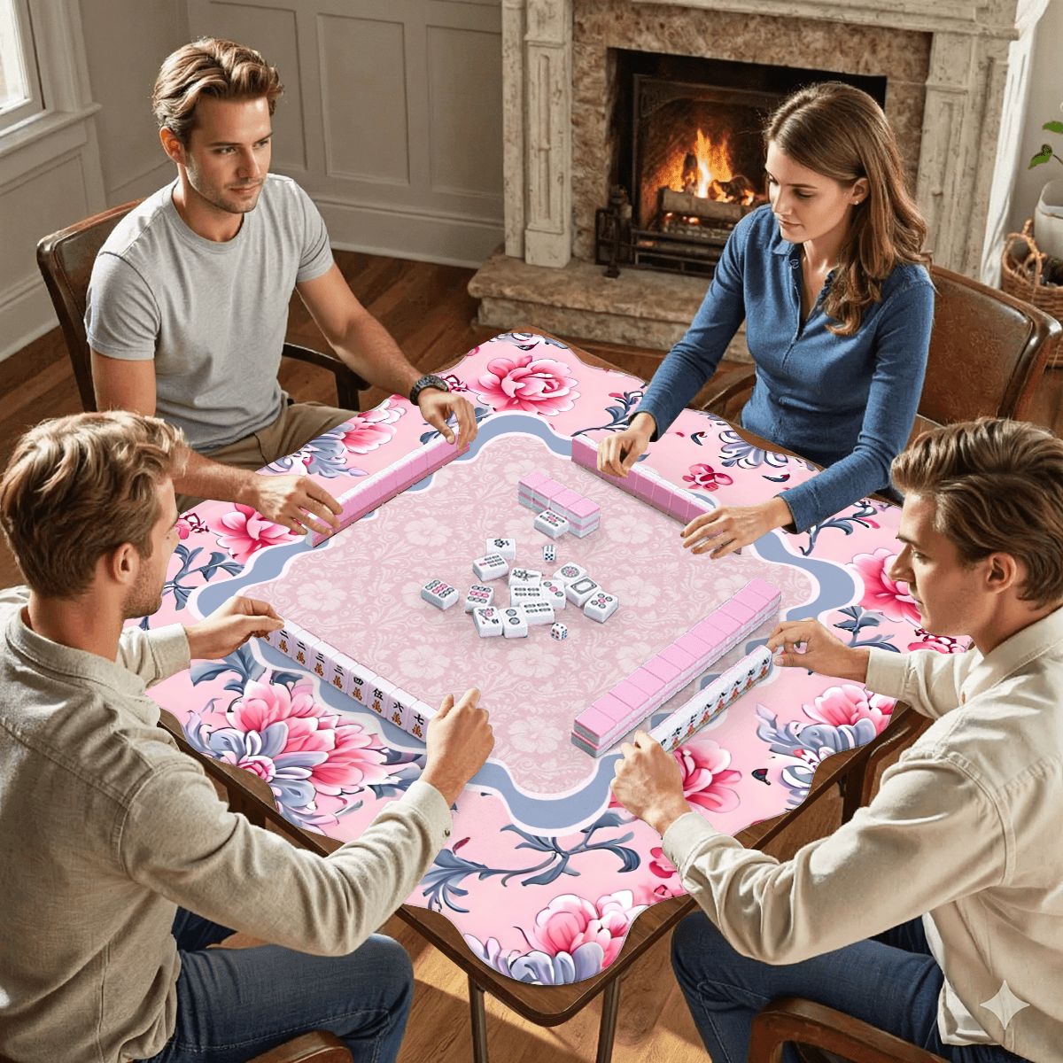 Blush Manor mahjong mat with players sitting around table during mahjong game