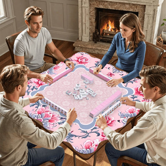 Blush Manor mahjong mat with players sitting around table during mahjong game