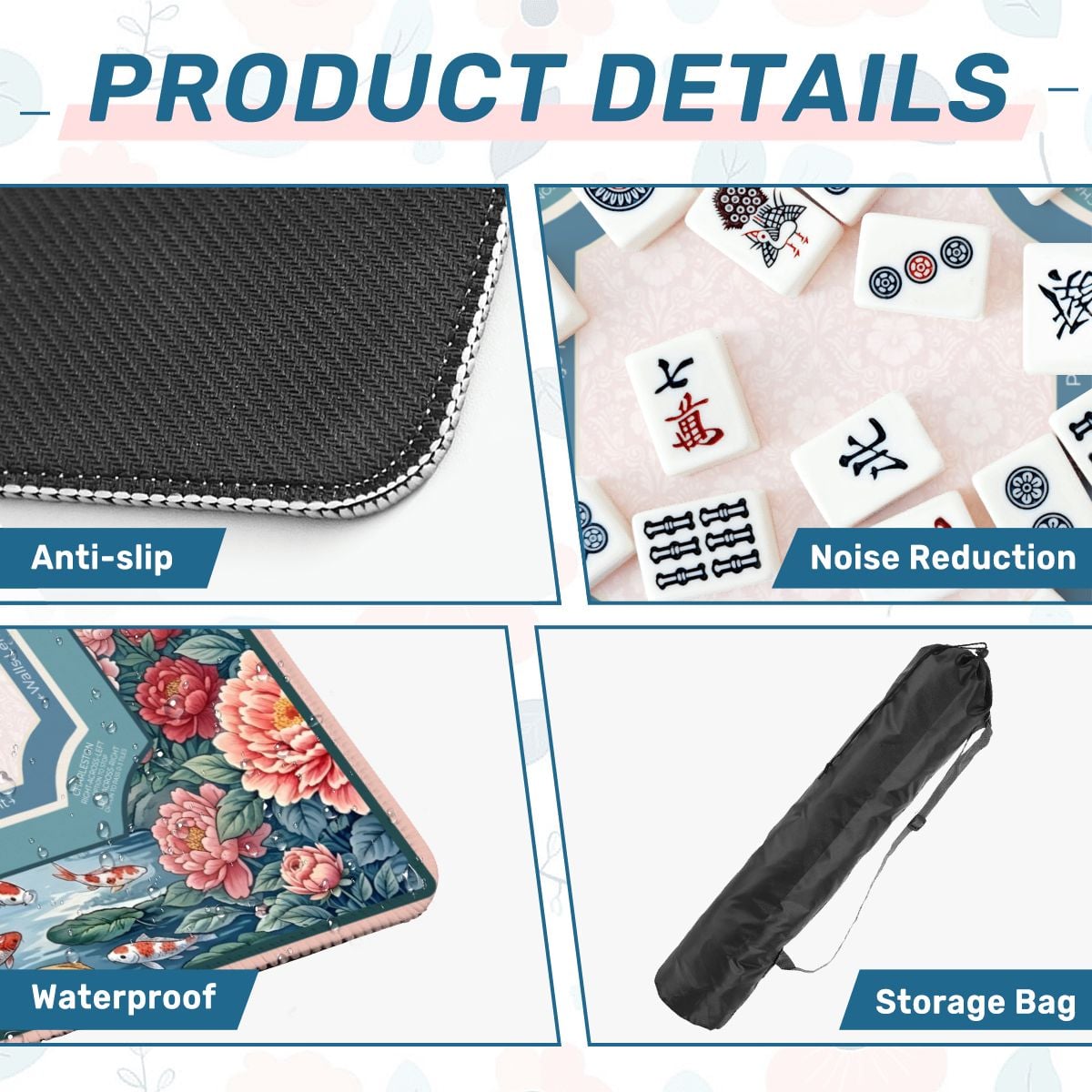 Peony Pagoda Garden mahjong mat product details showing anti slip base microfiber surface and storage bag