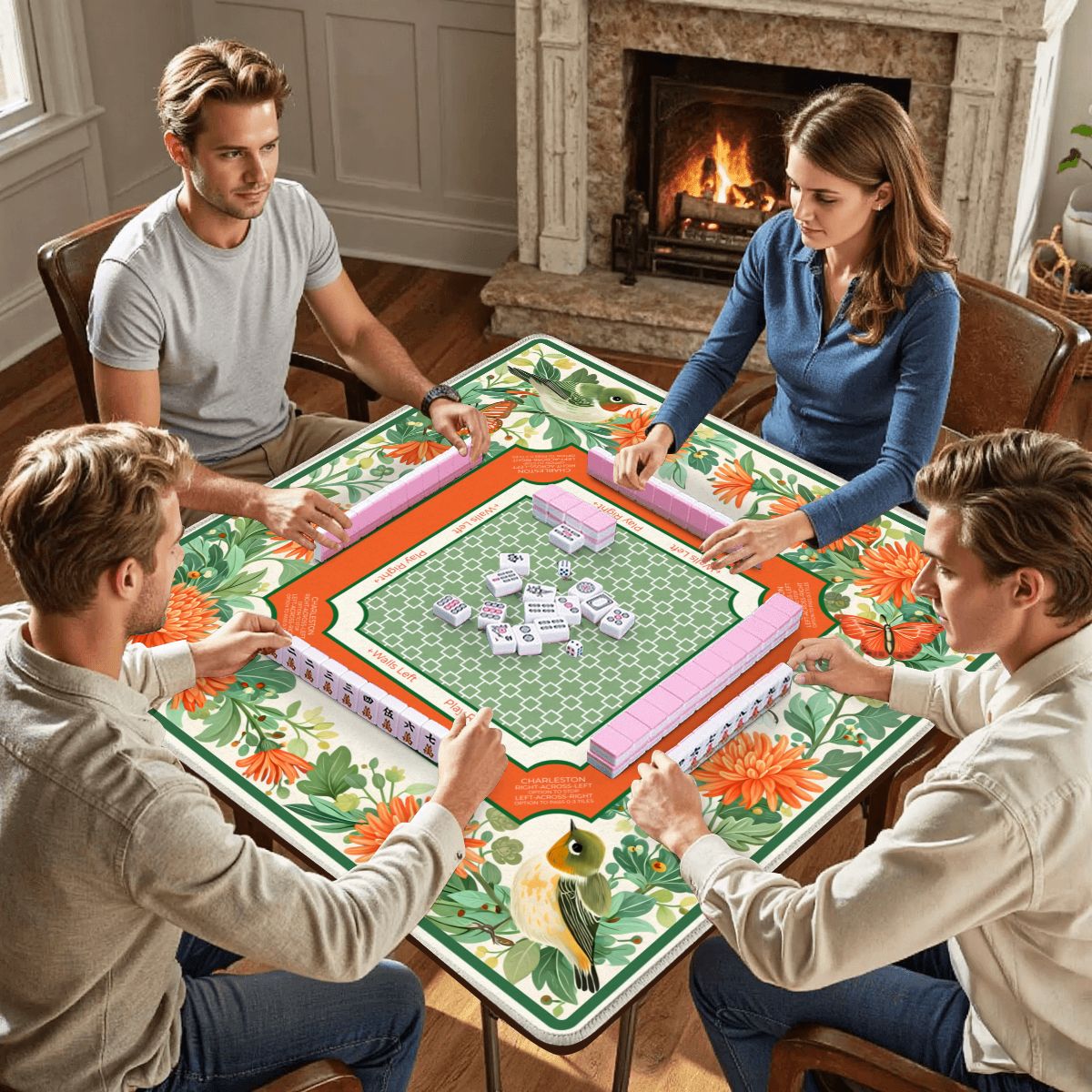 Garden Aviary mahjong mat with players sitting around table during mahjong game