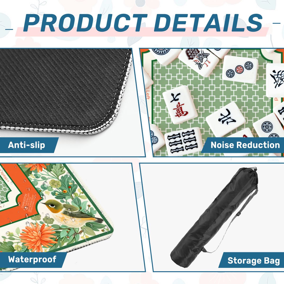 Garden Aviary mahjong mat product details showing anti slip base microfiber surface and storage bag