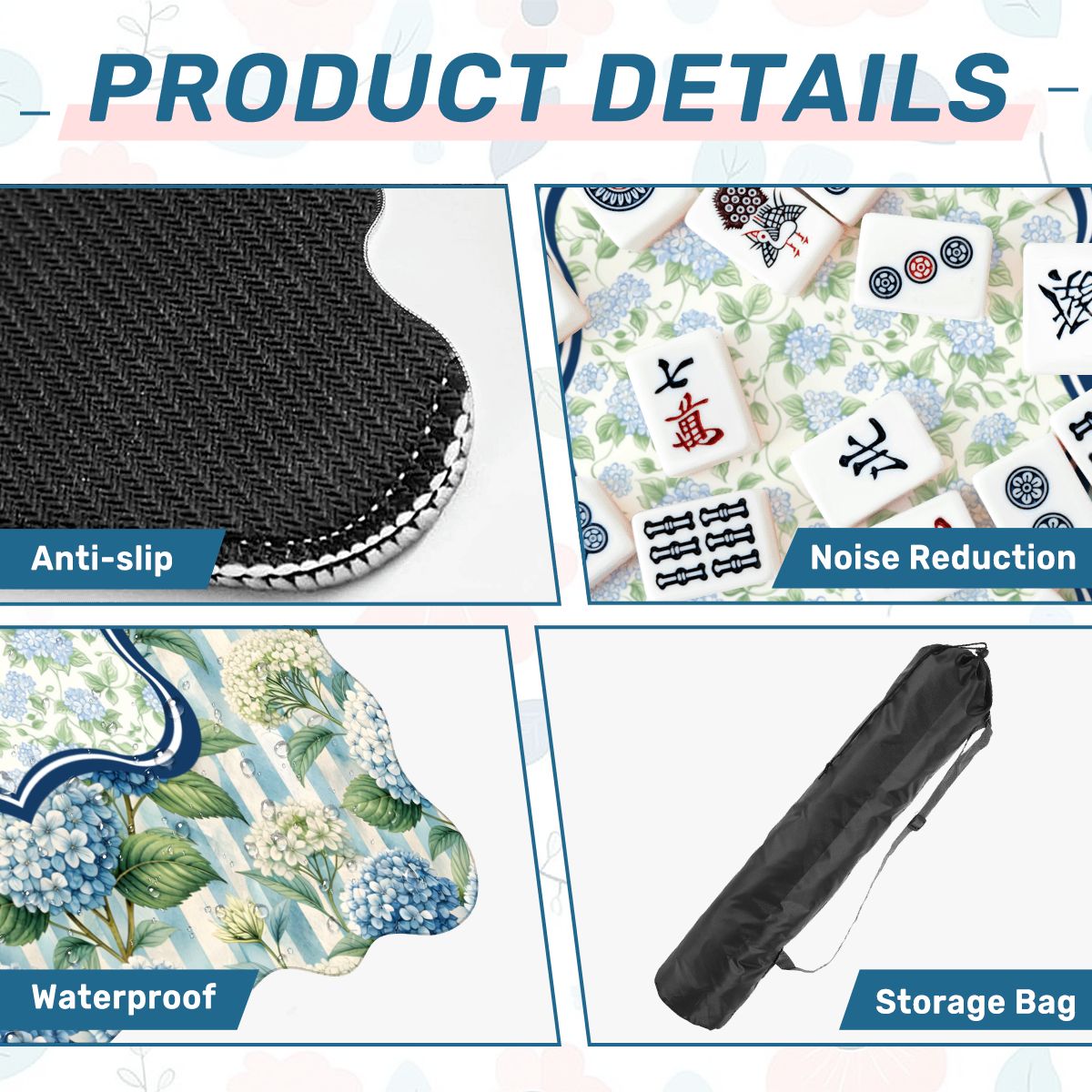 Blue Hydrangea Terrace mahjong mat product details showing anti slip base microfiber surface and storage bag