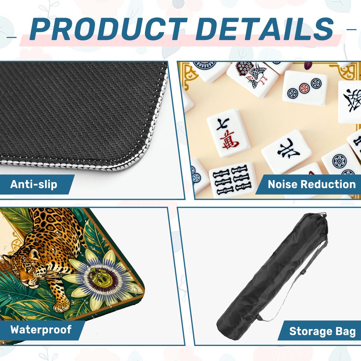 Jaguar Royale mahjong mat product details showing anti slip base microfiber surface and storage bag