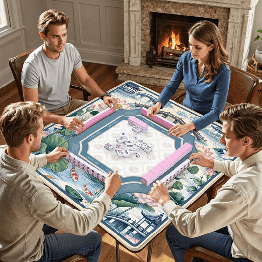 Lotus Pavilion Garden mahjong mat with players sitting around table during mahjong game