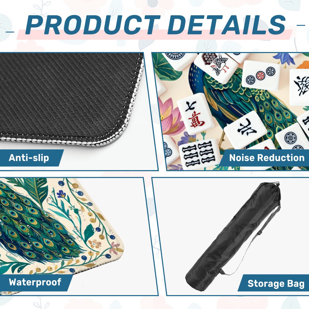 Peacock Lotus Garden mahjong mat product details showing anti slip base microfiber surface and storage bag