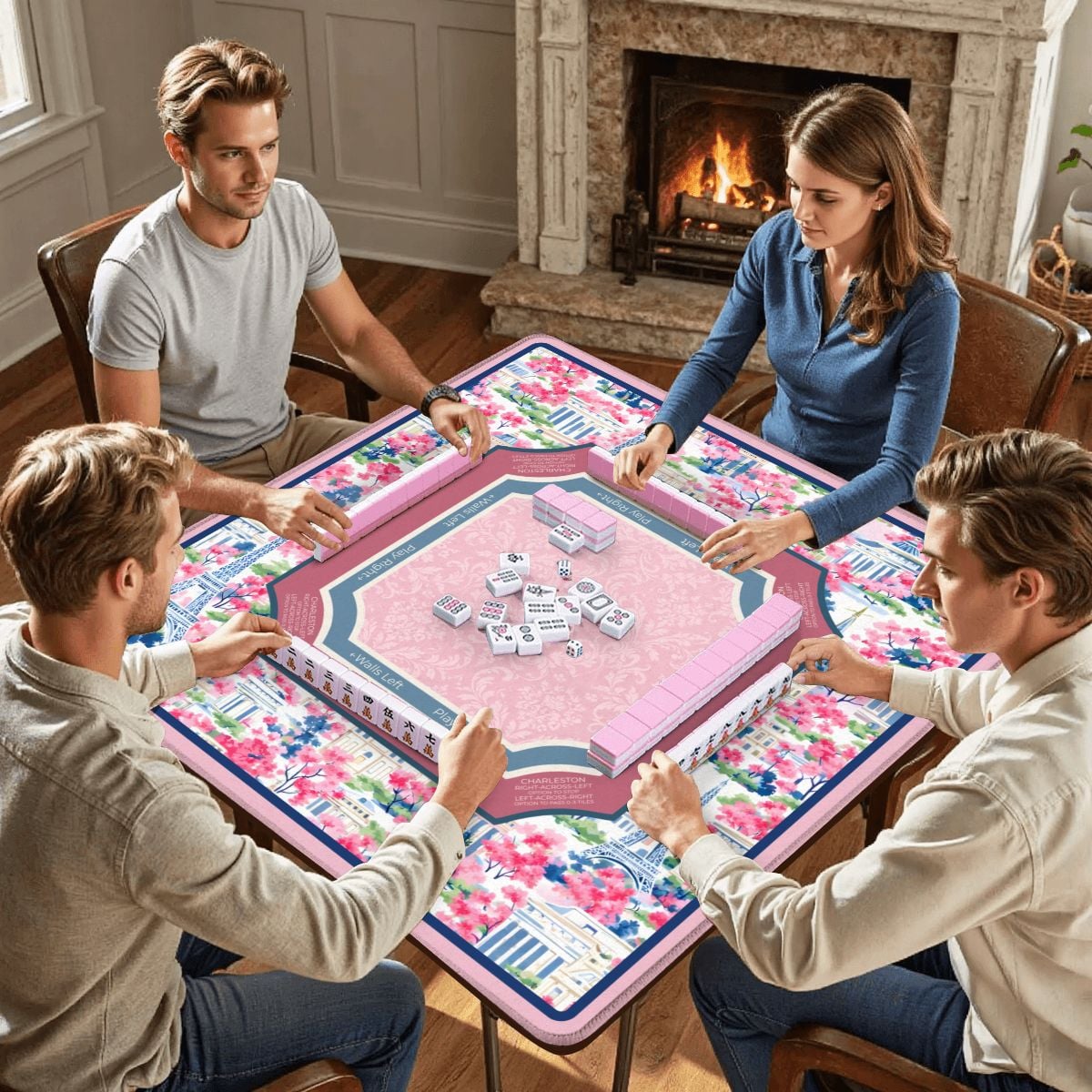 Paris Conservatory mahjong mat with players sitting around table during mahjong game